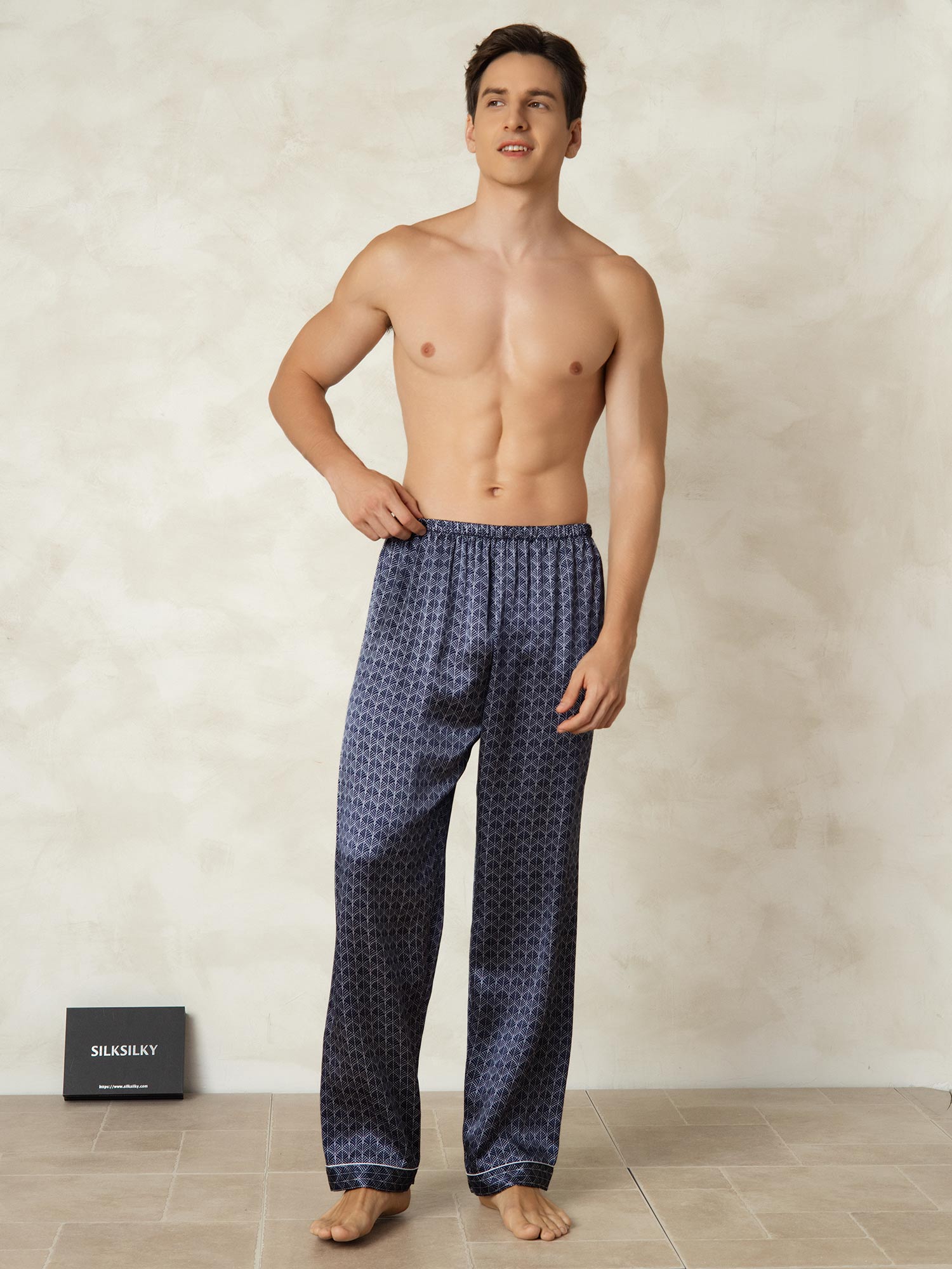 [Marine Ginkgo] SilkSilky-DE Reine Seide Mens Sleep Bottoms 004