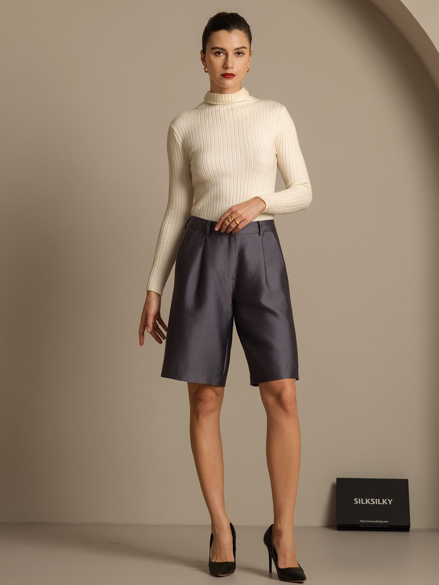 [Grau] SilkSilky-DE 32Momme Silk-Wool Blend Womens Shorts 006,