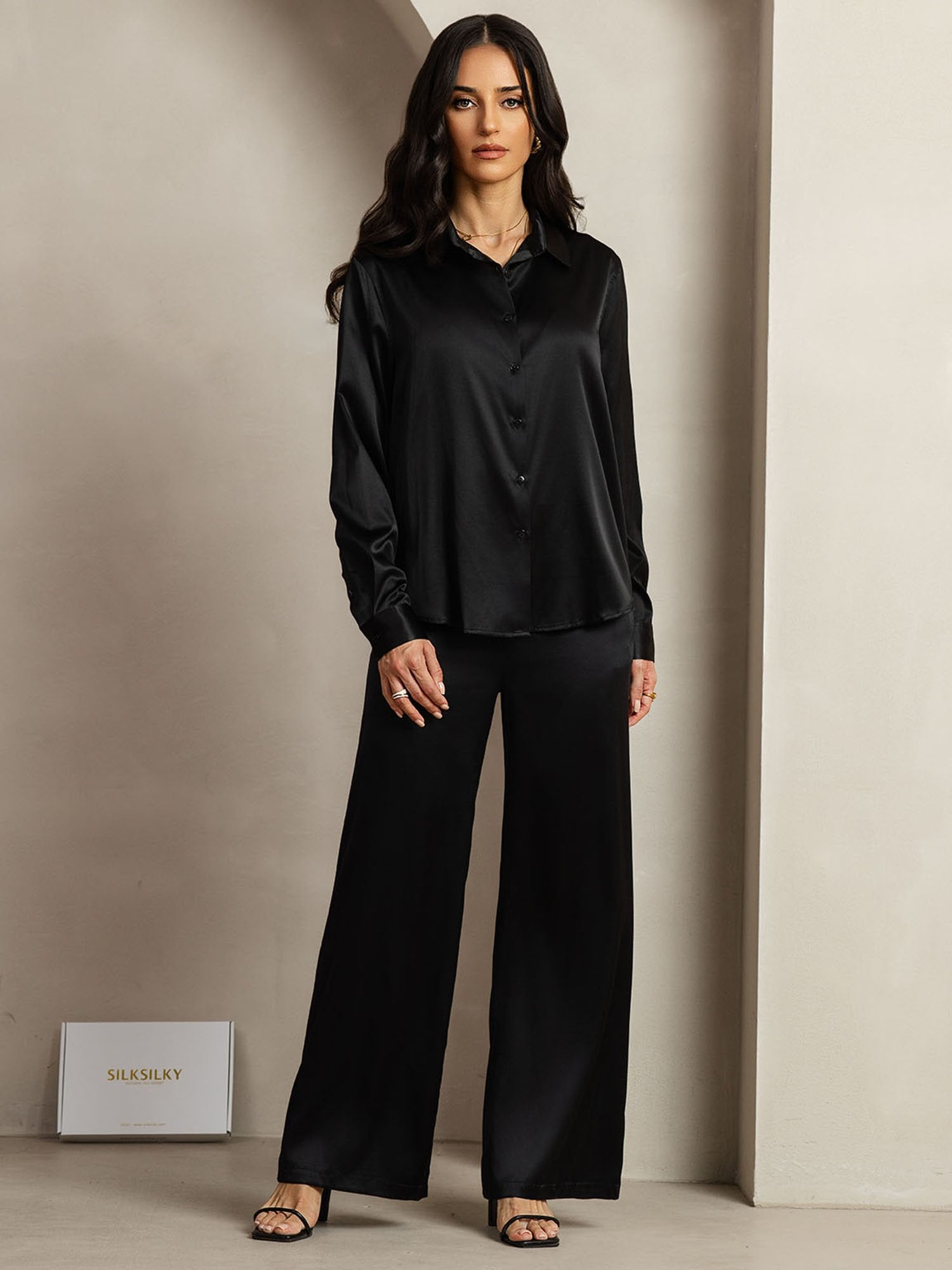[Schwarz] SilkSilky-DE 19Momme Seide Umlegekragen Women''s Outfit Sets 003