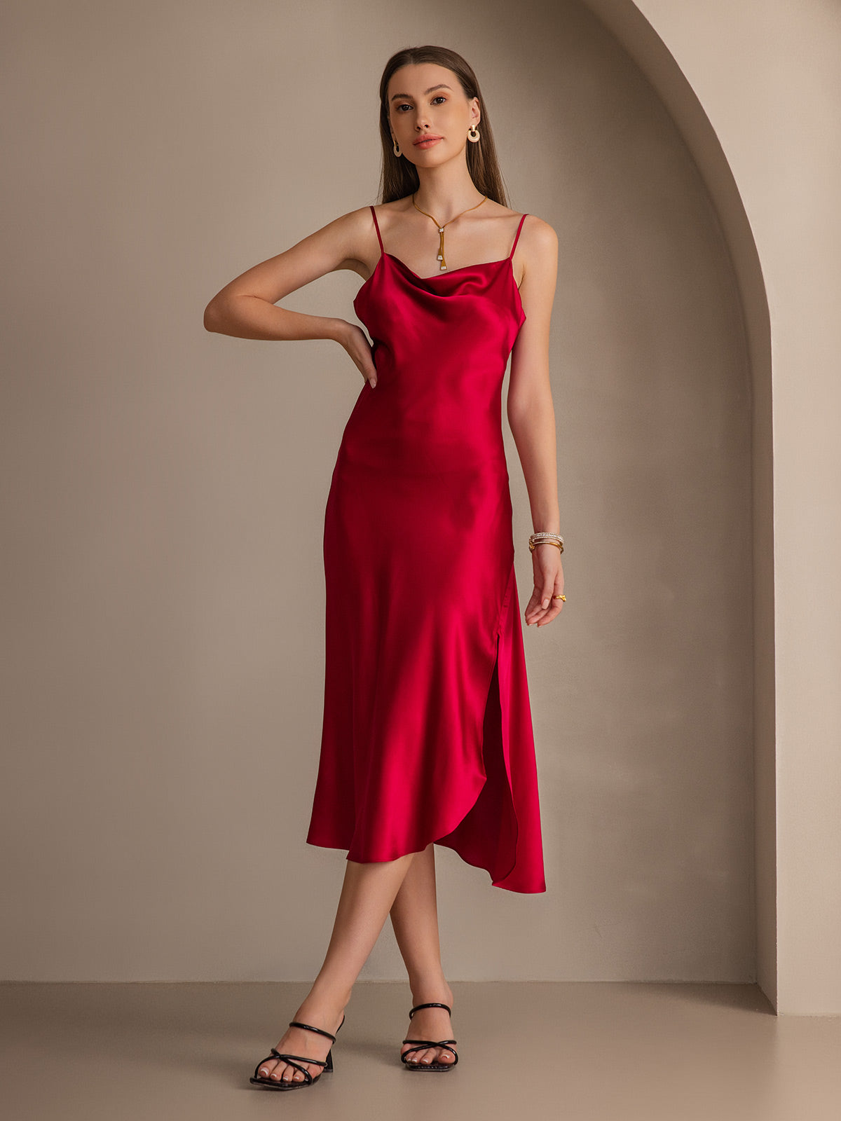 [Rotwein] SilkSilky-DE 19Momme Reine Seide Dress 007