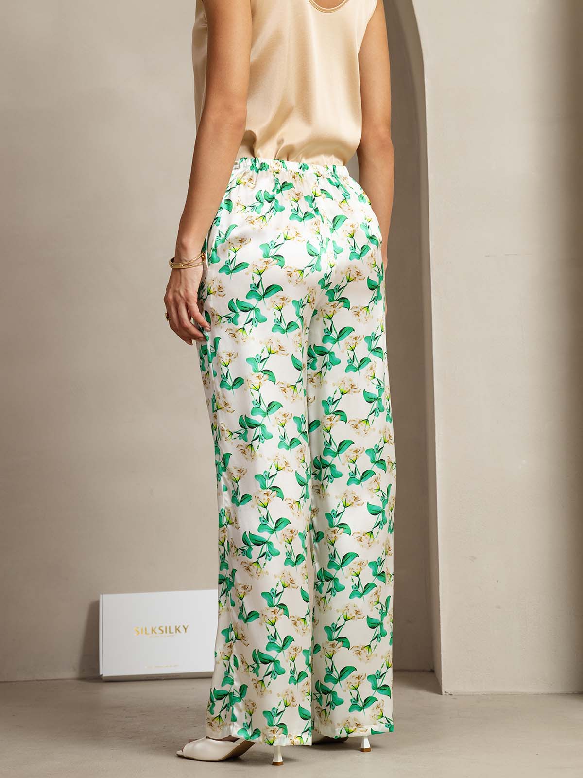 [Grün Blumen] SilkSilky-DE 19Momme Seide Womens Pants 002