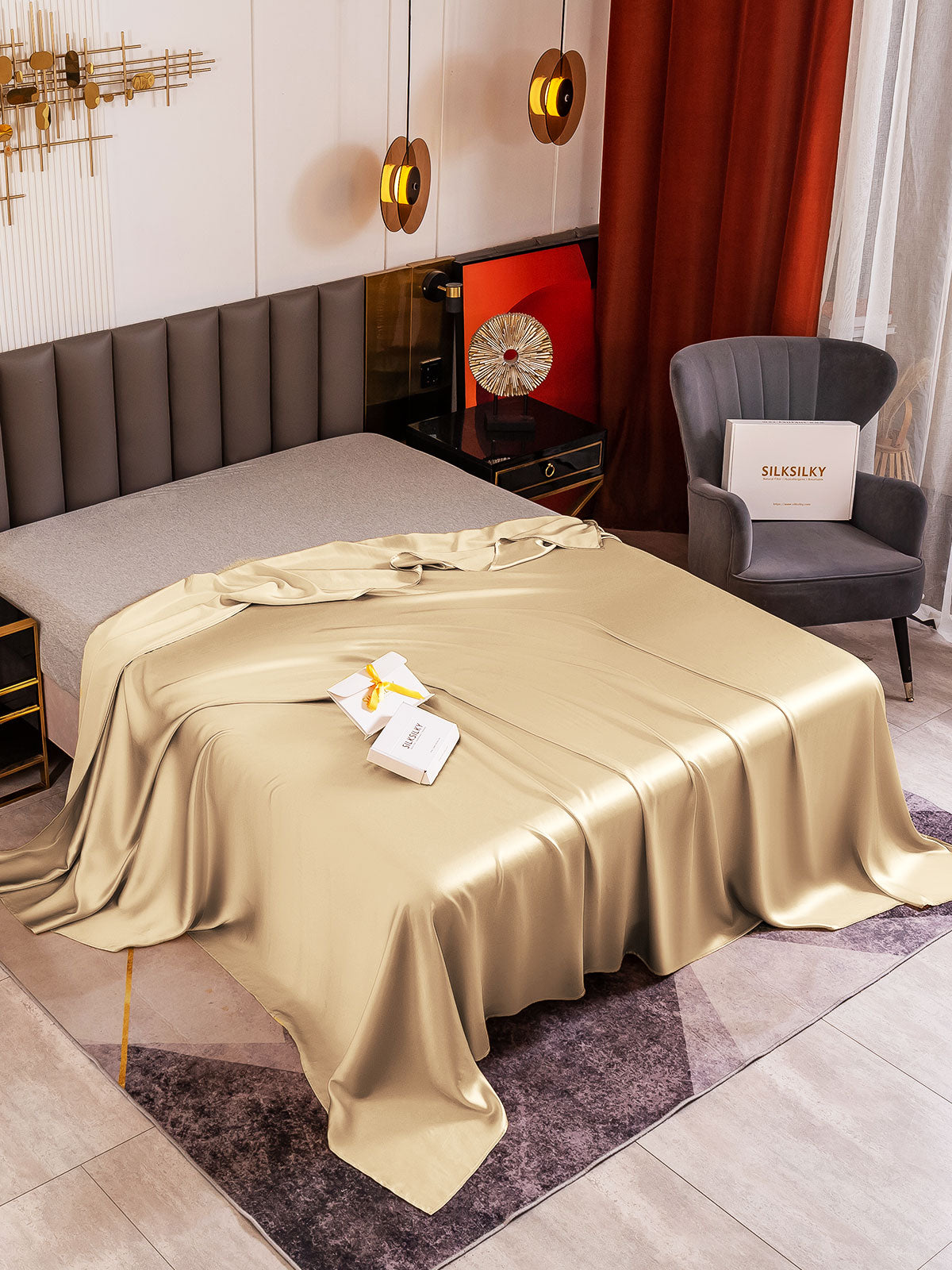 [Beige] SilkSilky-DE 19Momme Reine Seide Sheet 001