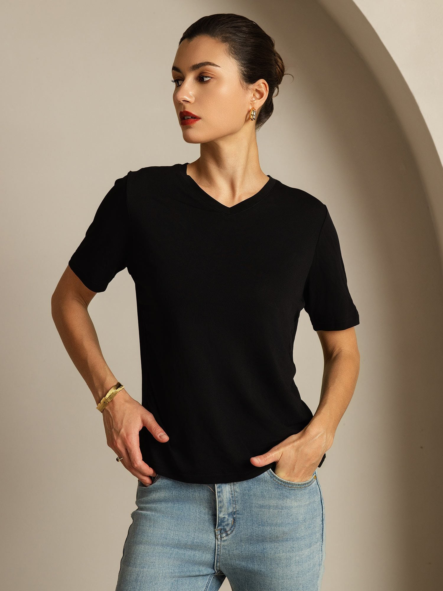 [Schwarz] SilkSilky-DE Reine Seide V Ausschnitt T-Shirt 006