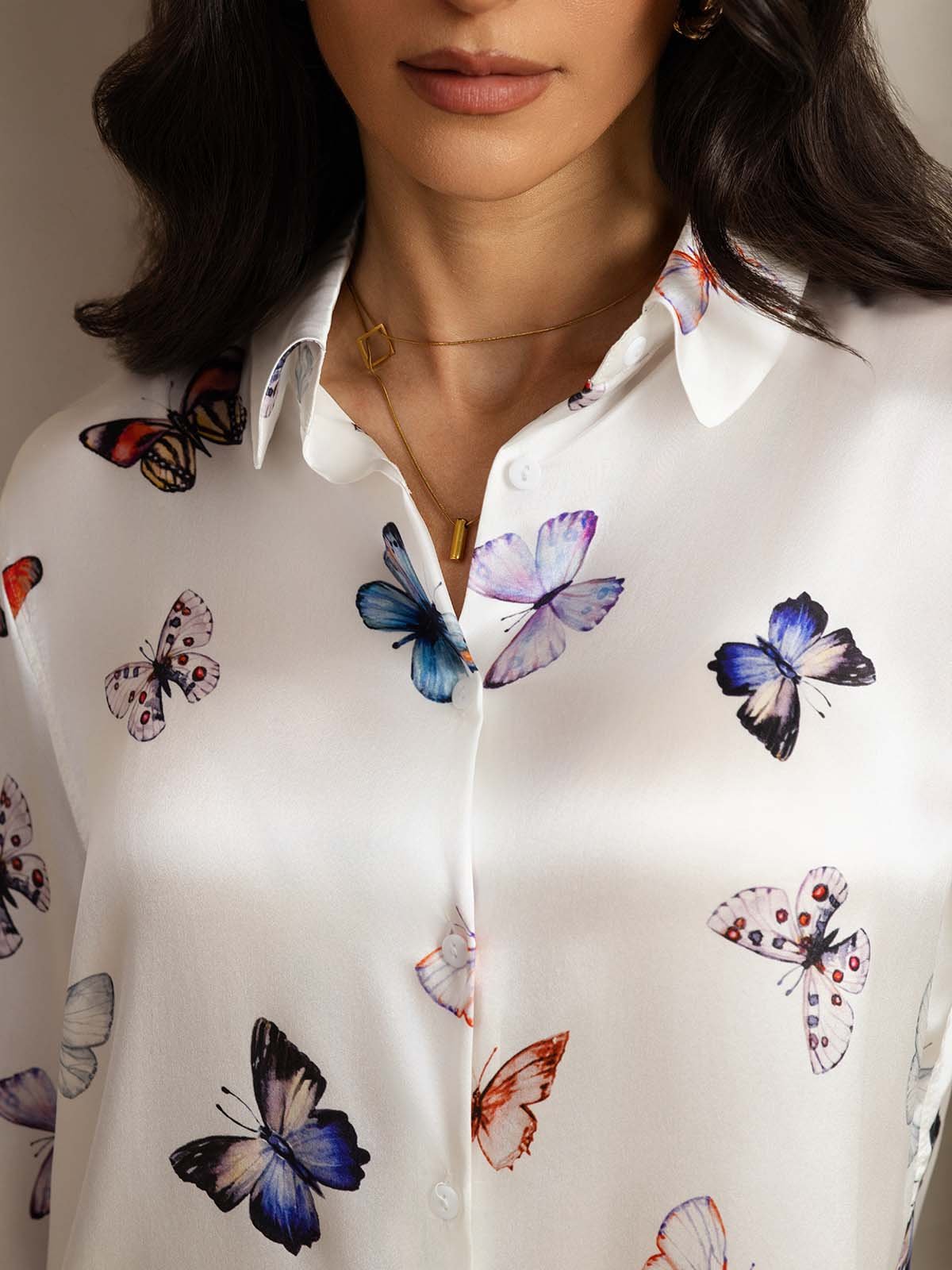 [Weiß Schmetterling] SilkSilky-DE 19Momme Seide Umlegekragen Women''s Outfit Sets 005