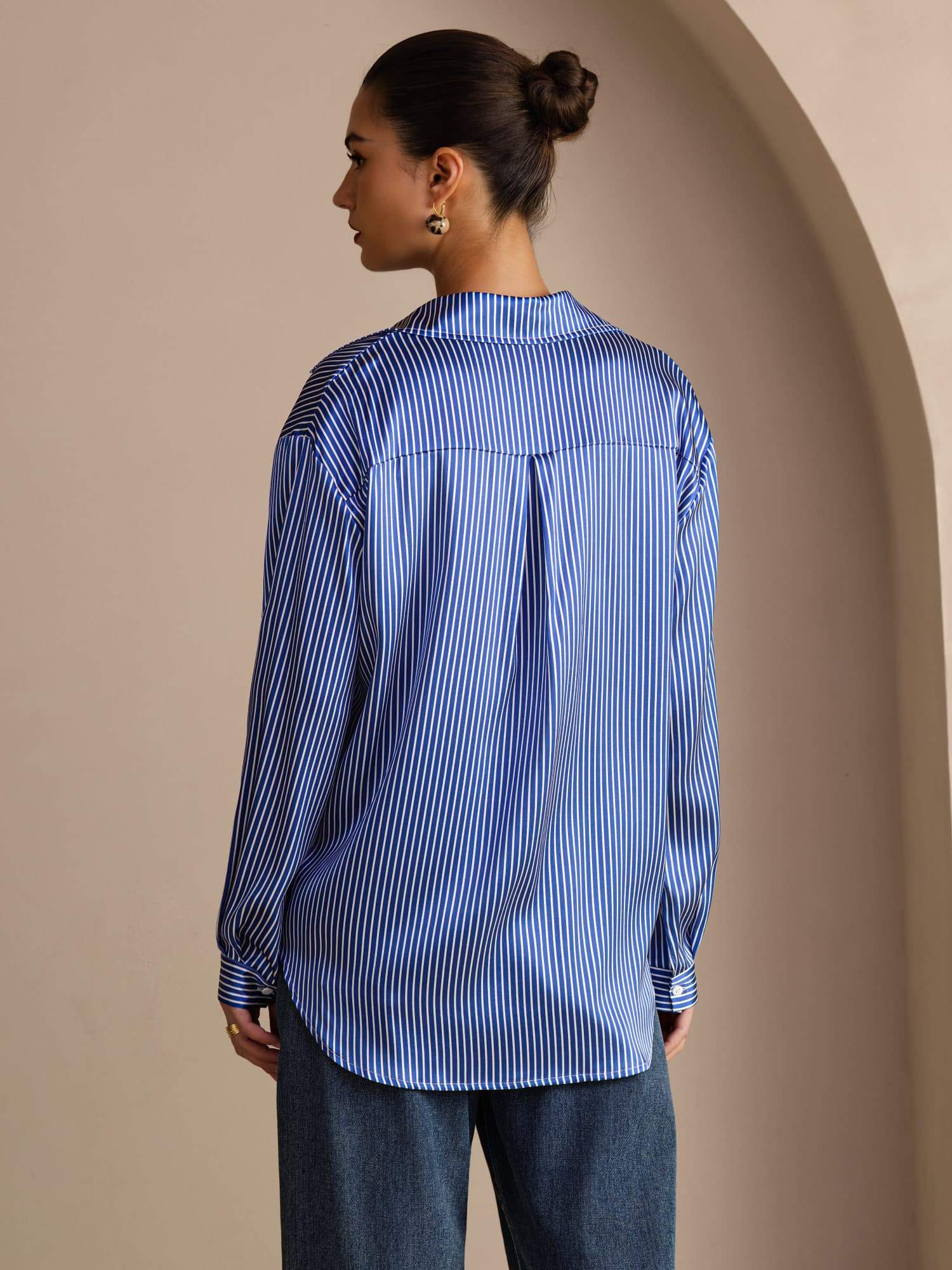 [Blaues Nadelstreifen] SilkSilky-DE Long Sleeve Lapel Collar Damenhemd 002