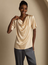 [Champagner] SilkSilky-DE Short Sleeve Cowl Neck Damenblusen 003