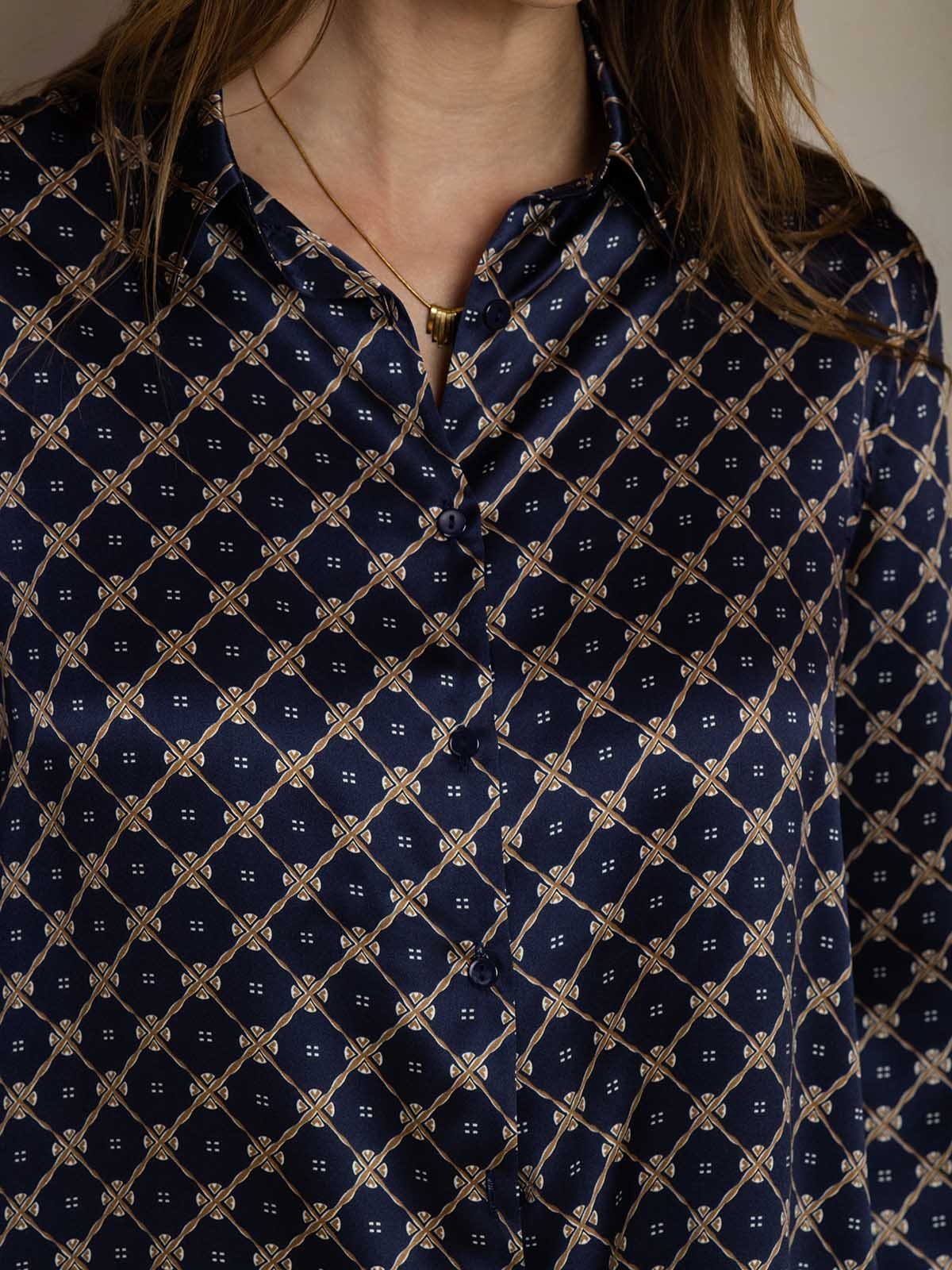 [Marine Kette] SilkSilky-DE 19Momme Seide Umlegekragen Women''s Outfit Sets 005