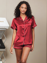 [Rotwein] SilkSilky-DE Short Sleeve Notch-Kragen Damen Pyjamas 004