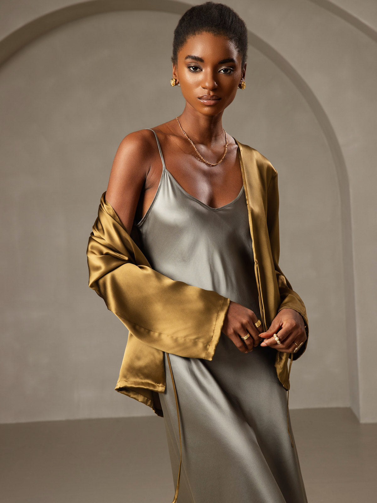 [Graugrün] SilkSilky-DE Spaghettiträger V Ausschnitt Nachthemden 006