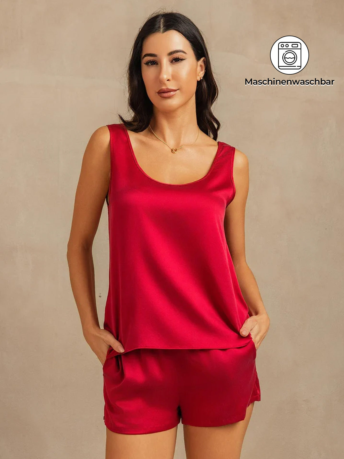 [Rotwein] SilkSilky-DE 19Momme Seide U Ausschnitt Damen Pyjamas 001