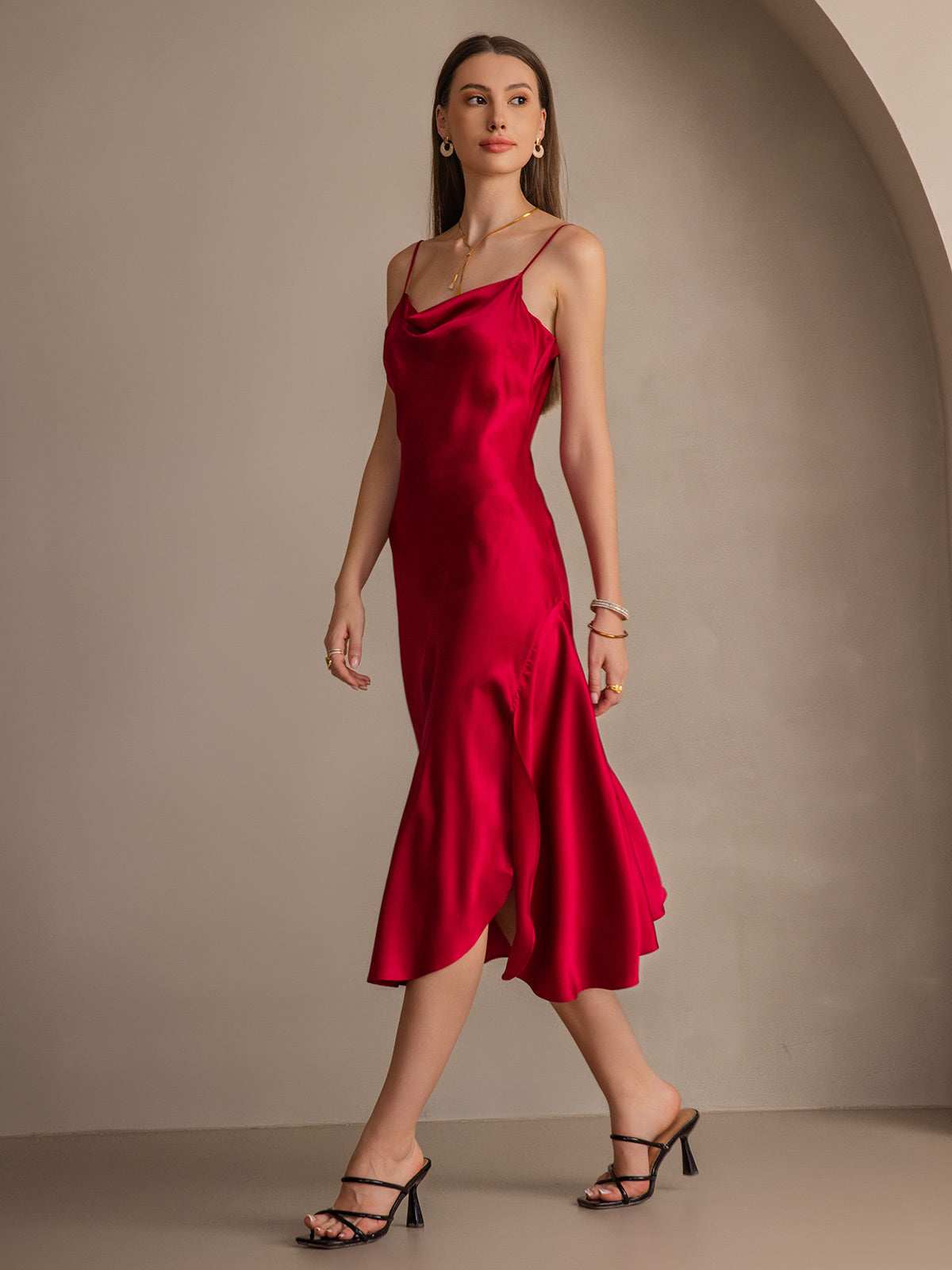 [Rotwein] SilkSilky-DE 19Momme Reine Seide Dress 006