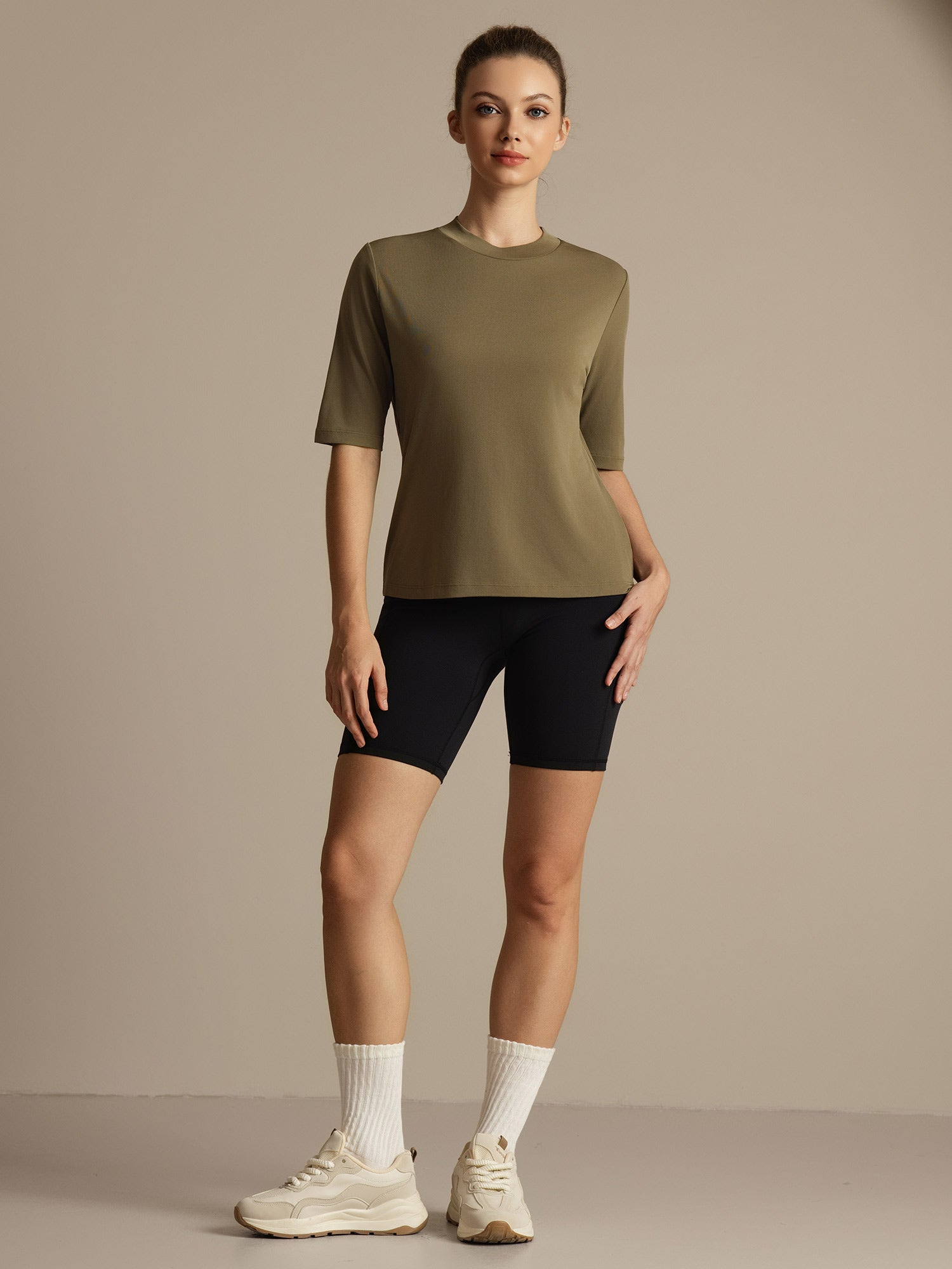 [Verbranntes Oliv] SilkSilky-DE Halblange Ärmel Crew-Ausschnitt T-Shirt 001