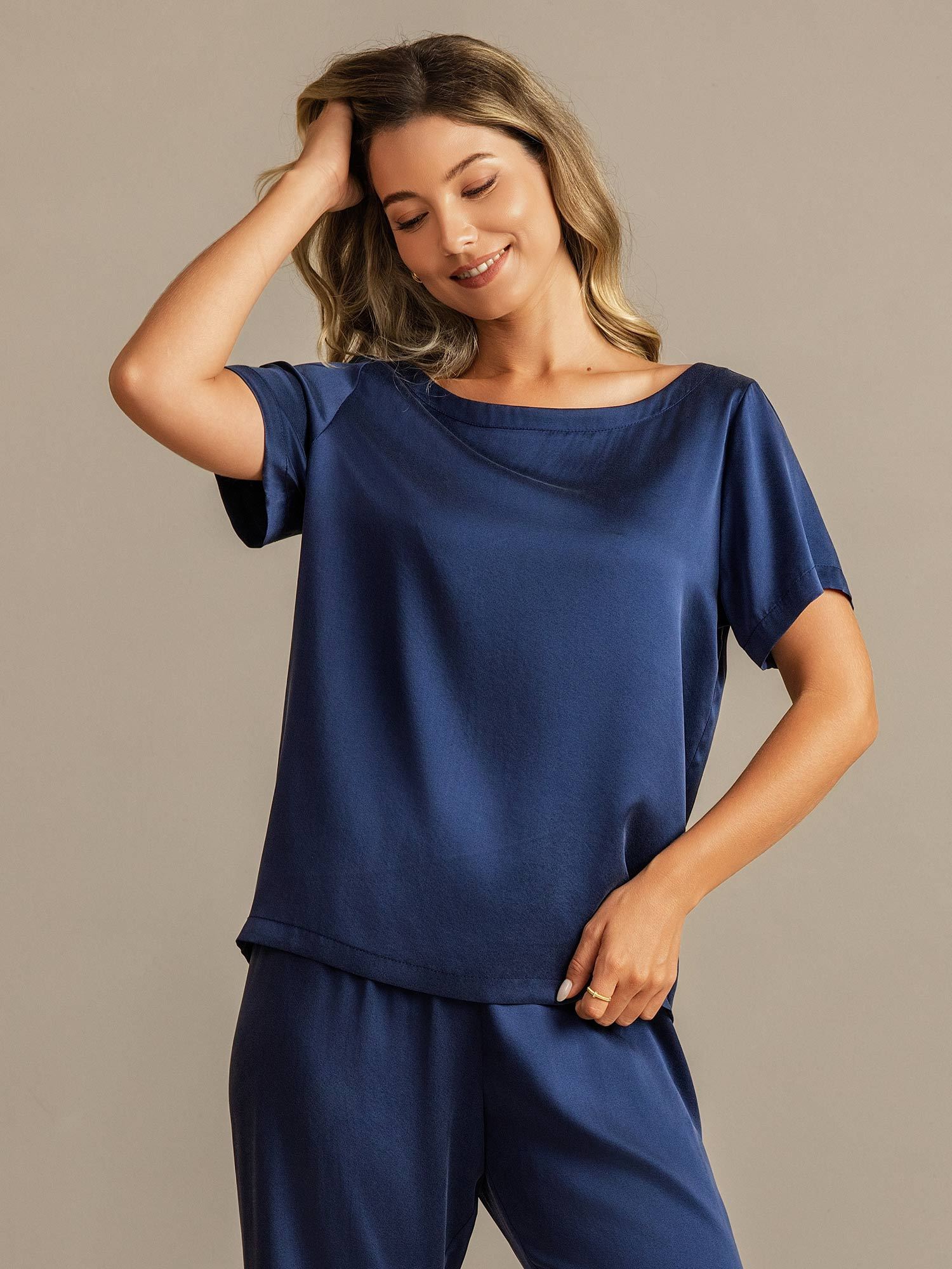 [Dunkelblau] SilkSilky-DE 19Momme Seide Womens Pajamas 003