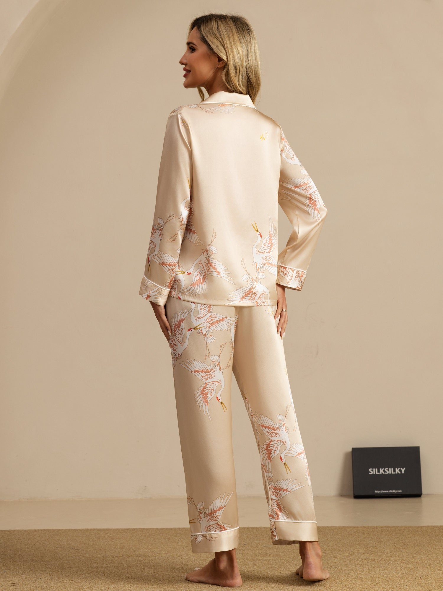 [Champagner] SilkSilky-DE 19Momme Langärmelig Notch-Kragen Damen Pyjamas 002