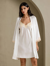 [Weiß] SilkSilky-DE 3/4 Sleeve V Neck Nachthemd&Morgenmantel Set 001