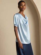 [Graublau] SilkSilky-DE Short Sleeve Cowl Neck Damenblusen 006