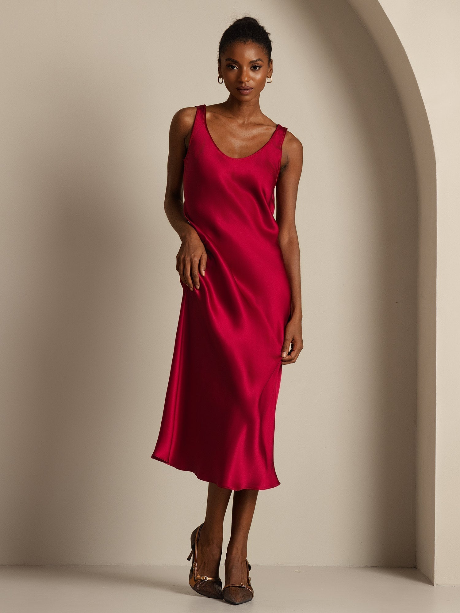 [Rotwein] SilkSilky-DE Reine Seide Dress 001,