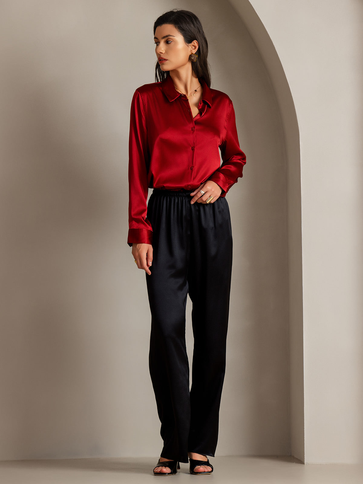 [Rot] SilkSilky-DE Seide Umlegekragen Damenhemd 006,