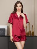 SilkSilky-DE Reine Seide Kurzärmelig Revers Damen Pyjamas Rotwein 003