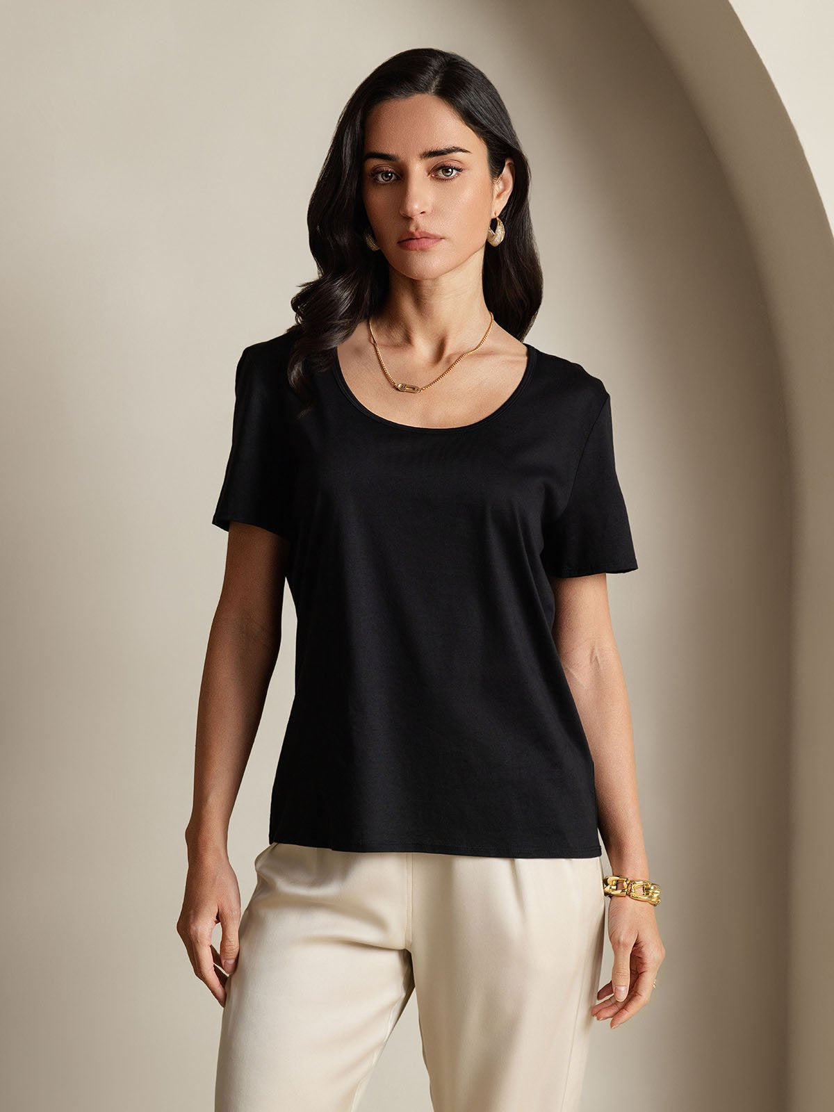 [Schwarz] SilkSilky-DE Seide Kurzärmelig U Ausschnitt T-Shirt 001