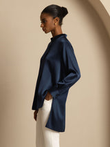 [Dunkelblau] SilkSilky-DE 19Momme Langärmelig Stehkragen Bluse 003
