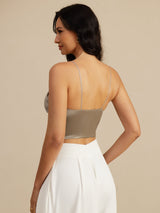 [Khaki] SilkSilky-DE Spaghetti Strap V Neck Cami Top 002
