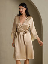 [Champagner] SilkSilky-DE 3/4 Sleeve Damen Morgenmantel 007