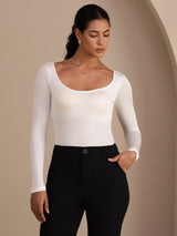 [Weiß] SilkSilky-DE Long Sleeve U Ausschnitt T-Shirt 003