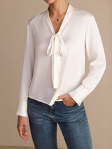 [Weiß] SilkSilky-DE Long Sleeve Tie Neck Damenblusen 006