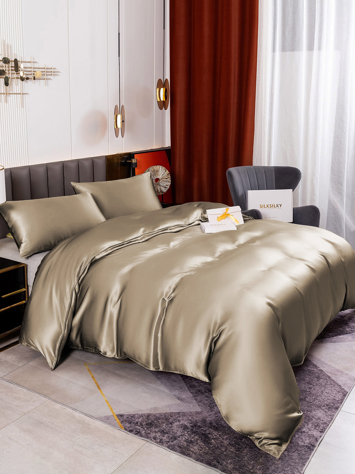 [Khaki] SilkSilky-DE 19Momme Reine Seide Bedding Set 005