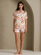 [Weiße Pfingstrose] SilkSilky-DE Short Sleeve Notch Collar Damen Pyjamas 006