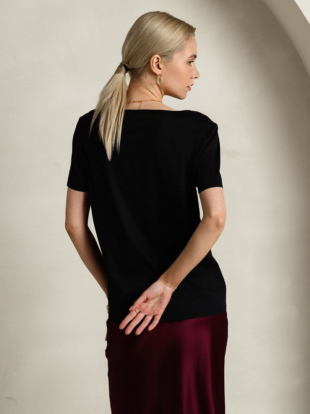 [Schwarz] SilkSilky-DE Seide Kurzärmelig V Ausschnitt T-Shirt 002