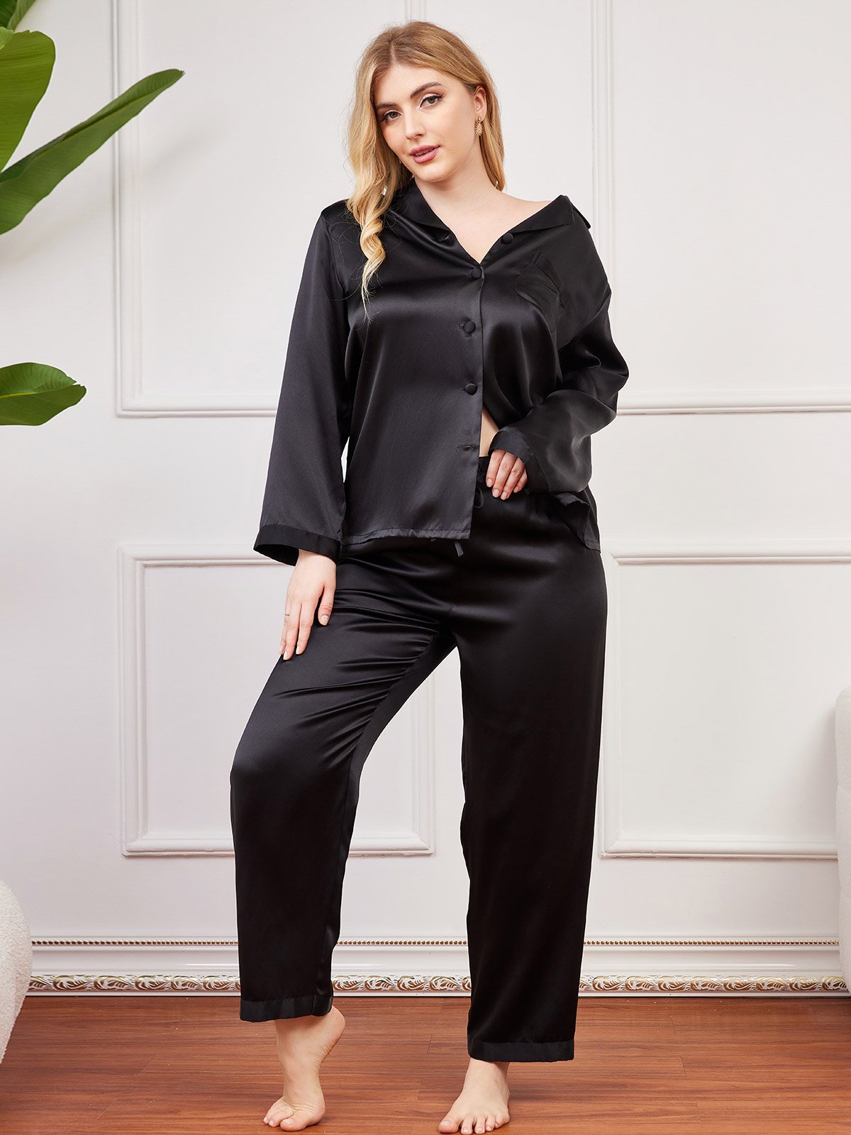 [Schwarz] SilkSilky-DE Reine Seide Langärmelig Revers Damen Pyjamas Große Größen 001
