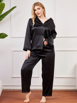 [Schwarz] SilkSilky-DE Langärmelig Damen Pyjamas Große Größen 001