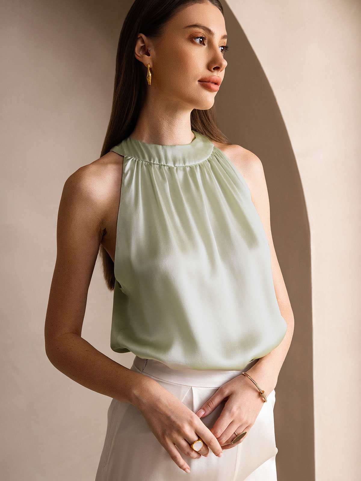 [Hellgrün] SilkSilky-DE 19Momme Seide Womens T-Shirt 003