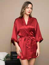 [Rotwein] SilkSilky-DE 3/4 Sleeve Damen Morgenmantel 004