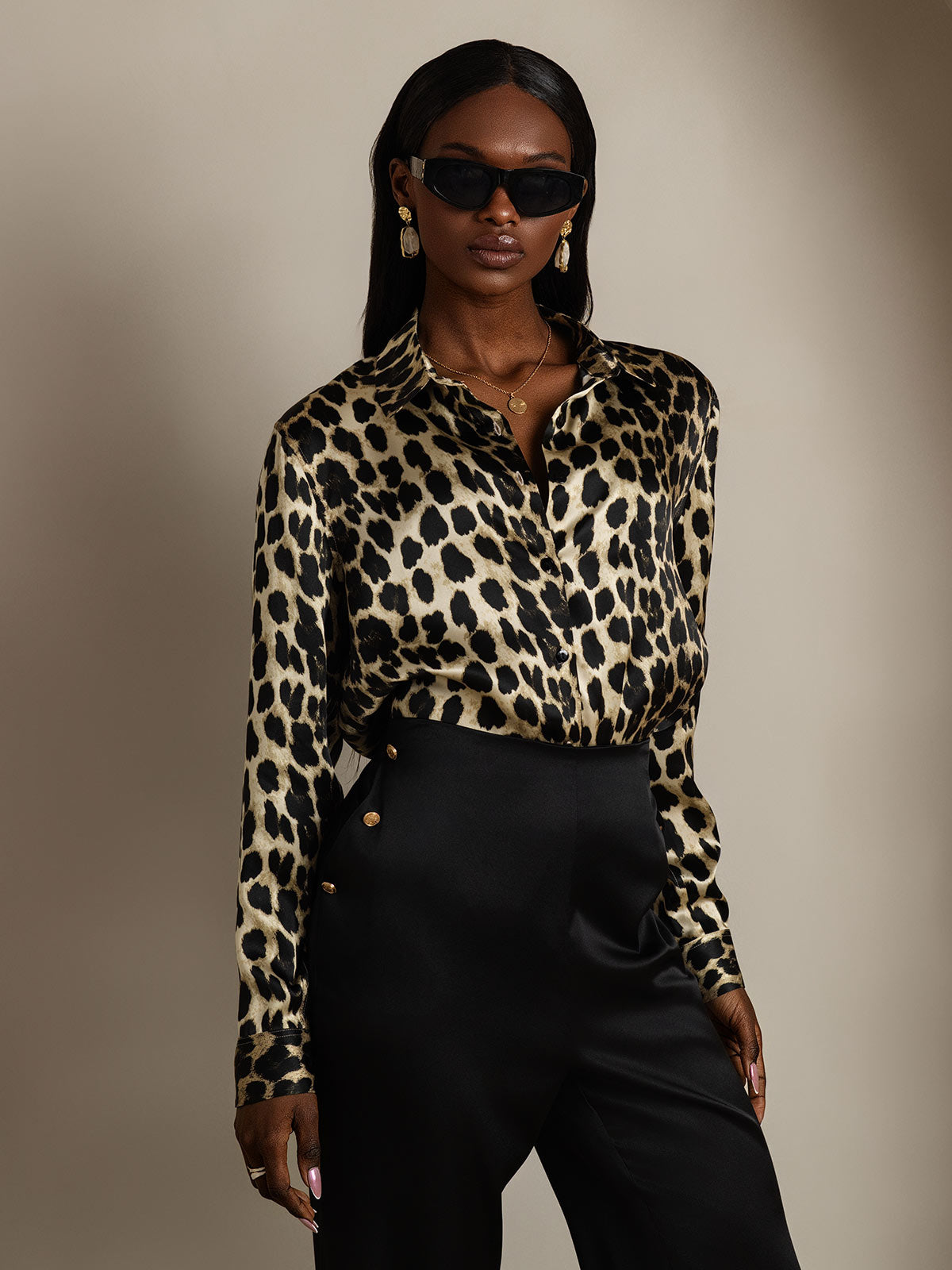[Leopard] SilkSilky-DE Seide Umlegekragen Damenhemd 004