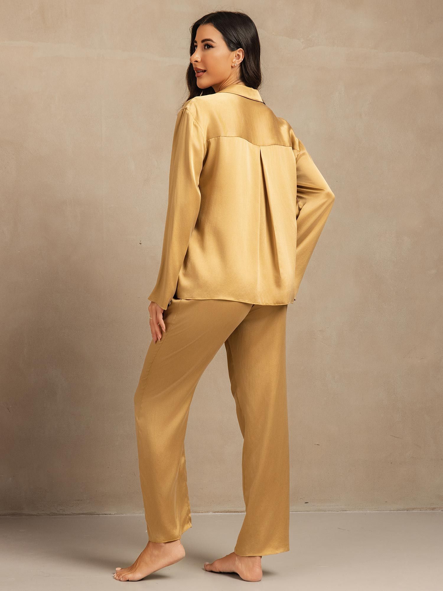 [Tan] SilkSilky-DE 19Momme Seide Umlegekragen Damen Pyjamas 002