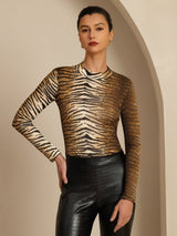 [Tiger] SilkSilky-DE Langärmelig Mock-Ausschnitt T-Shirt 005