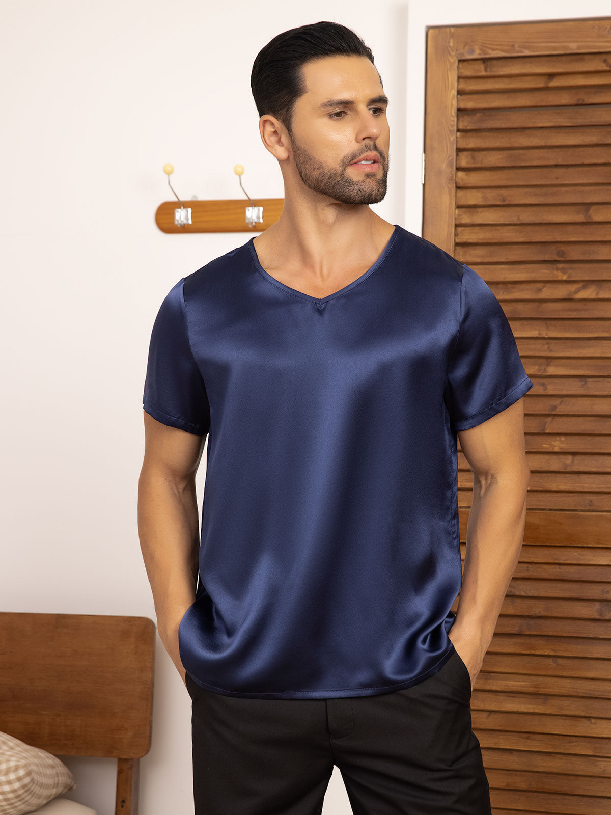 [Dunkelblau] SilkSilky-DE Reine Seide Kurzärmelig V Ausschnitt Herren T-Shirt 001