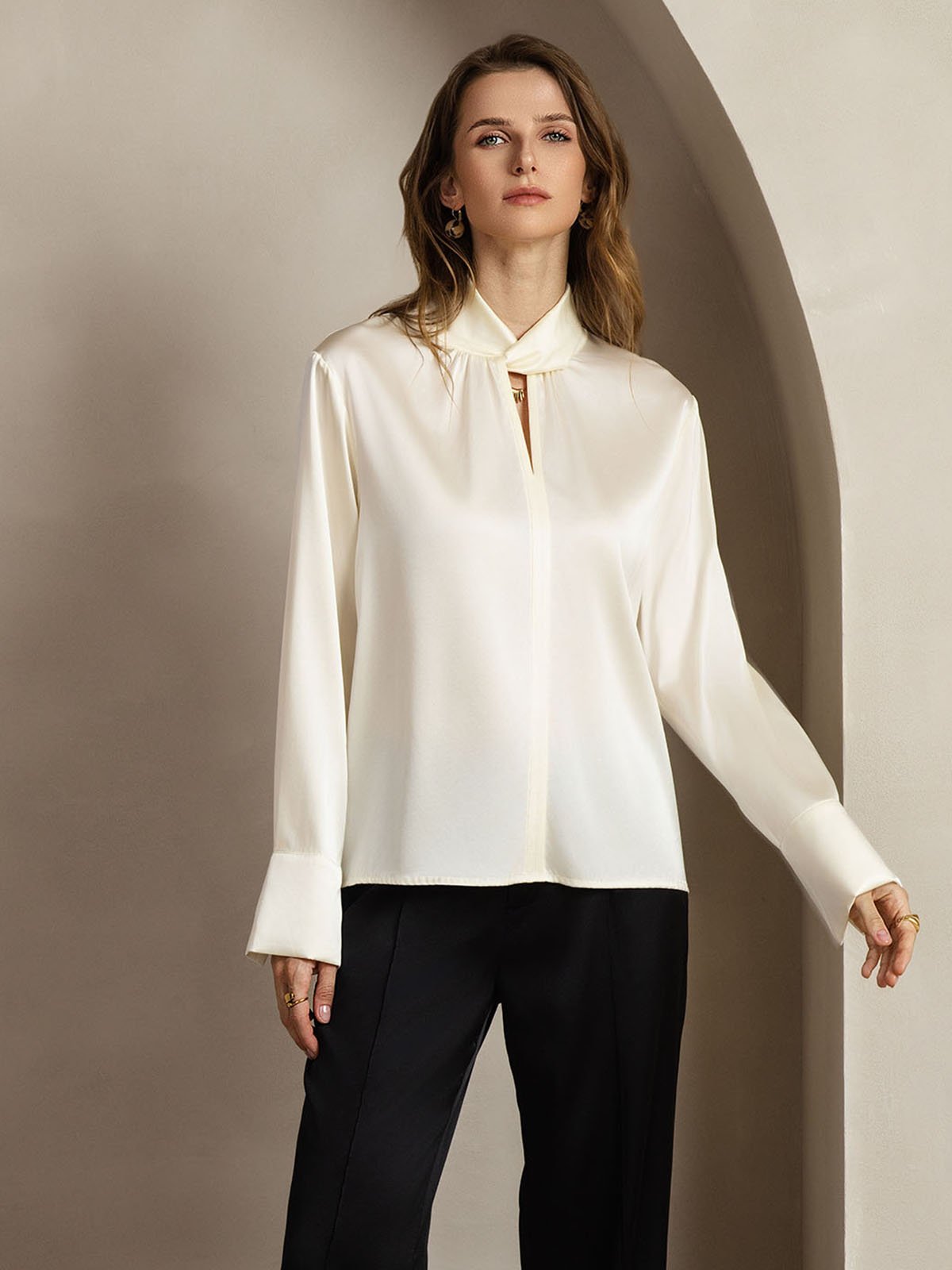 [Elfenbeinfarbe] SilkSilky-DE 19Momme Seide Womens Shirt 009