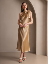 [Champagner] SilkSilky-DE 19Momme Stretch Silk Charmeuse Sleeveless Neckholder Kleider 001