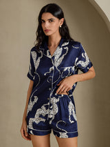 [Marineblauer Gepard] SilkSilky-DE Short Sleeve Notch Collar Damen Pyjamas 005