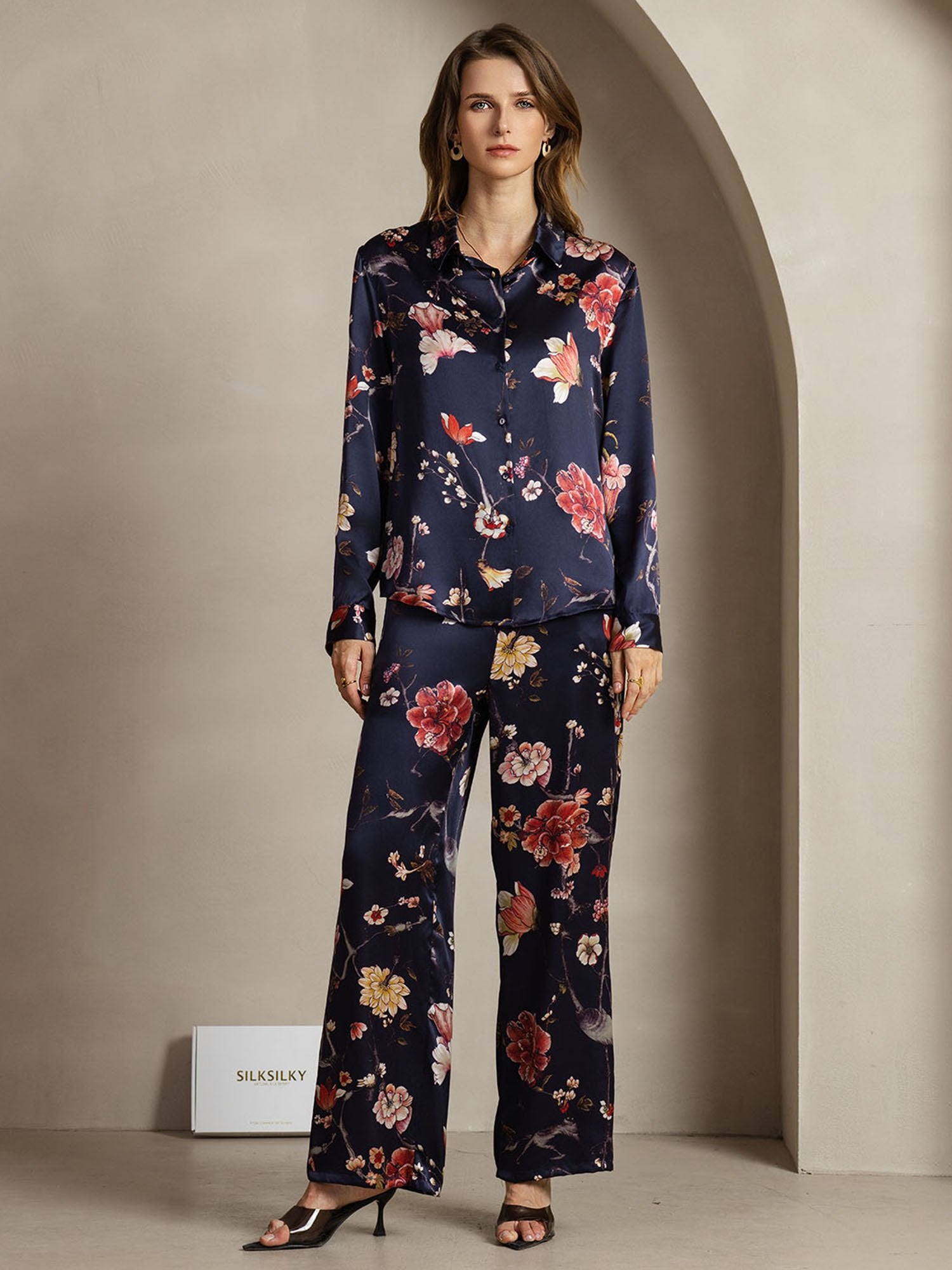 [MarineBlumen] SilkSilky-DE 19Momme Seide Umlegekragen Women''s Outfit Sets 001