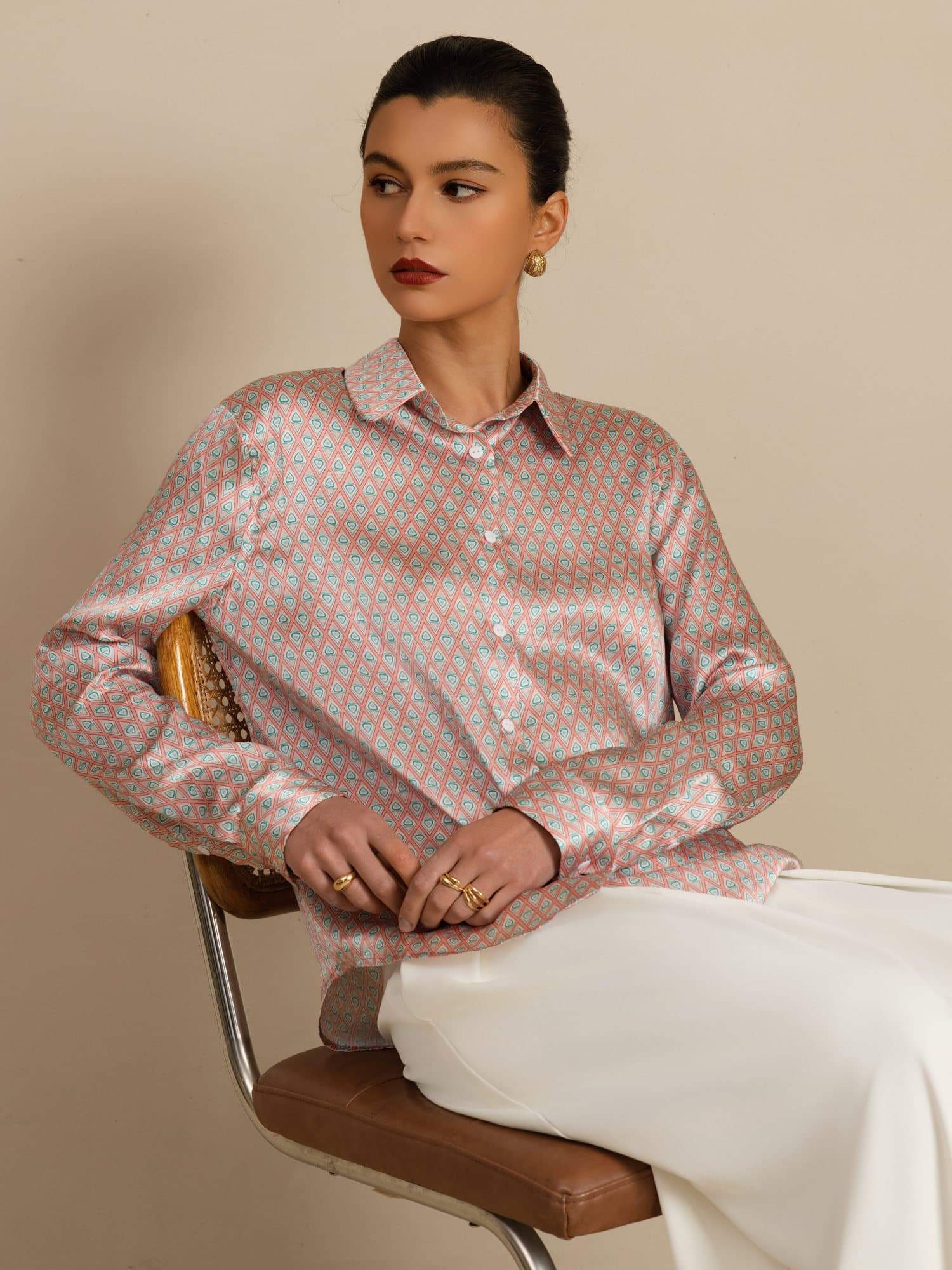 [Rosa Herz Geo] SilkSilky-DE Langärmelig Lapelkragen Damenhemd 001