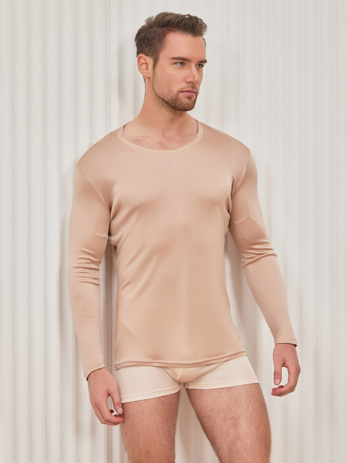 [Beige] SilkSilky-DE Seidenstrick Mens T-Shirt 004