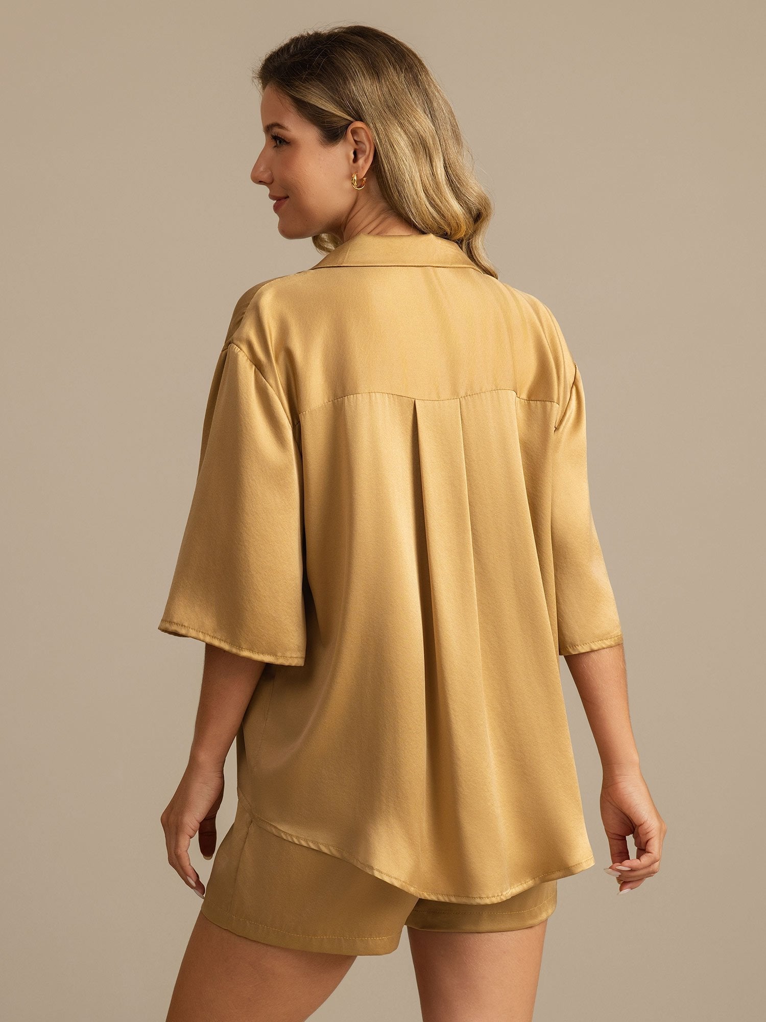 [Tan] SilkSilky-DE 19Momme Reine Seide Umlegekragen Damen Pyjamas 002,