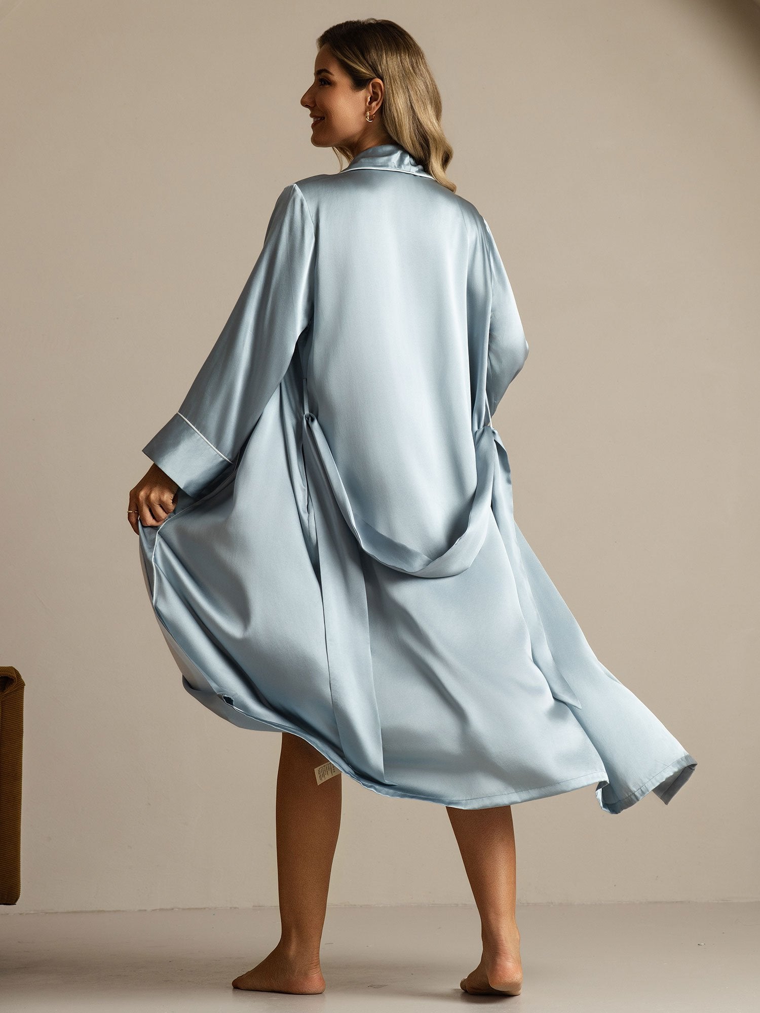 [Graublau] SilkSilky-DE Reine Seide Umlegekragen Damen Morgenmantel 002