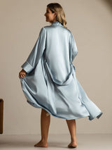 [Graublau] SilkSilky-DE Reine Seide Umlegekragen Damen Morgenmantel 002,