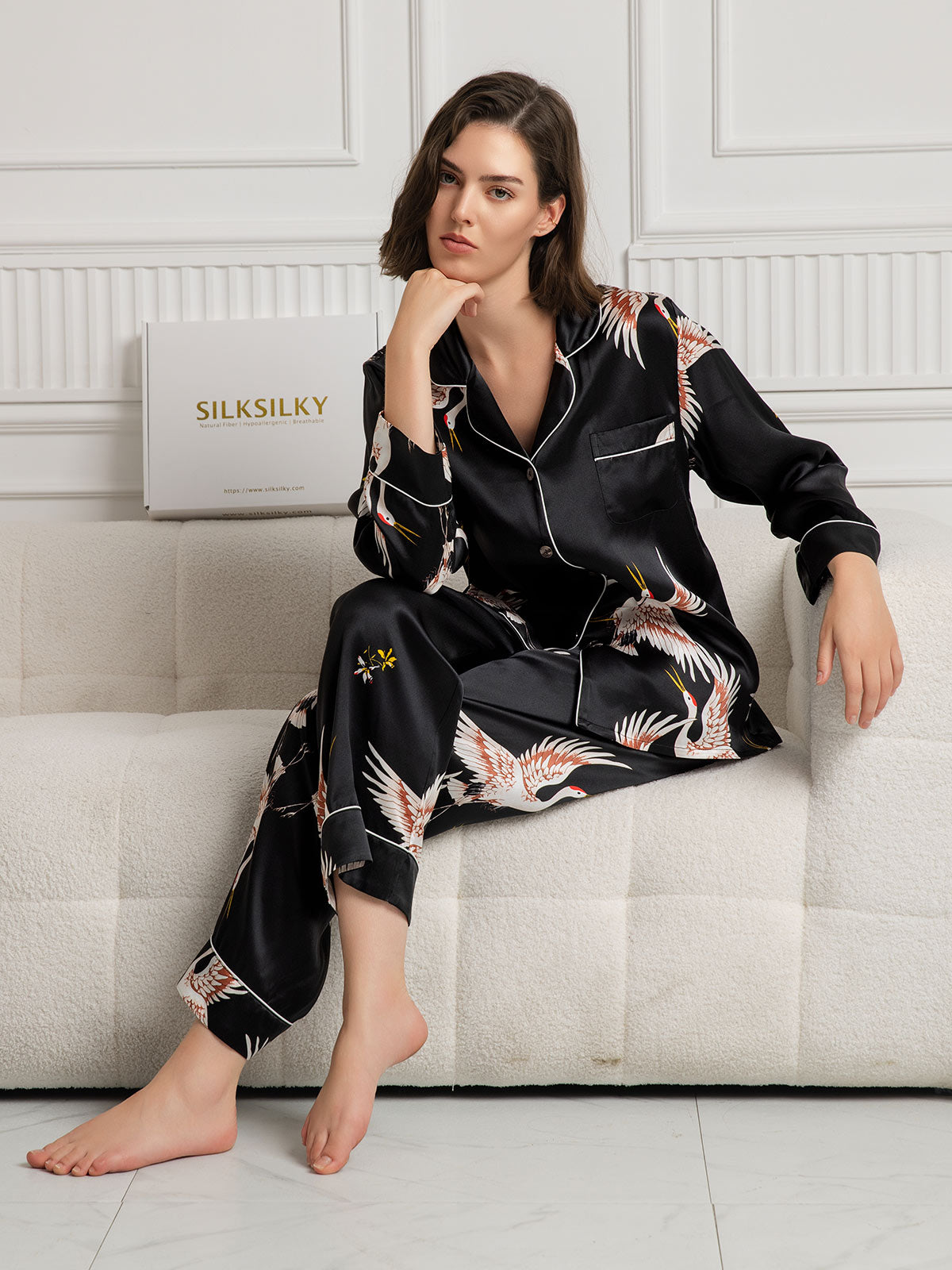 [Schwarz] SilkSilky-DE 19Momme Reine Seide Womens Pajamas 001